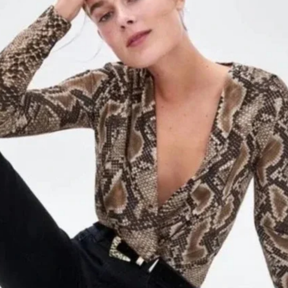 Zara Brown and Black Snake Print Bodysuit Long Sleeve Plunge Neckline